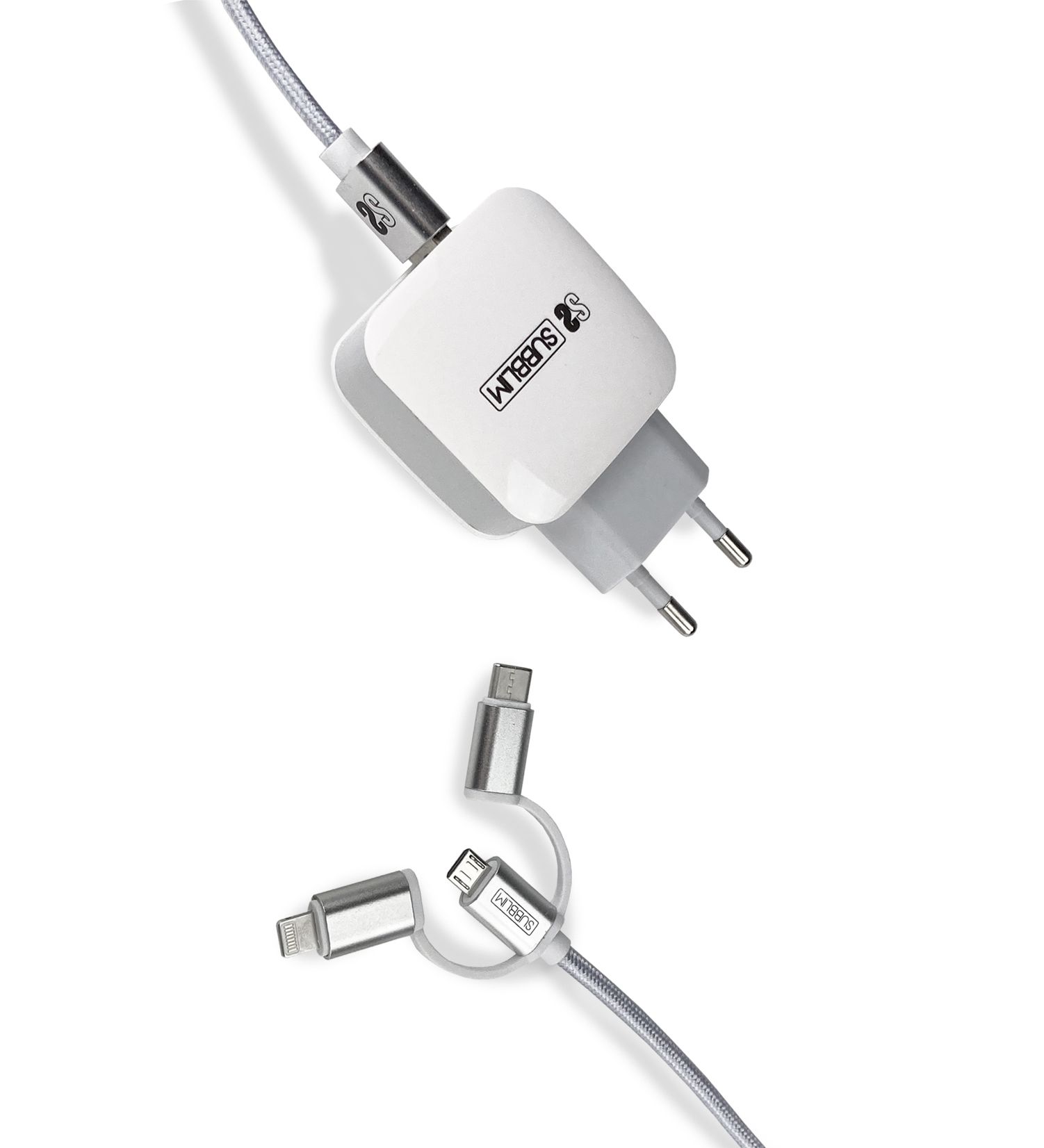 ABS DUAL WALL CHARGER (2.4A) + CABLE 3IN1 WHITE