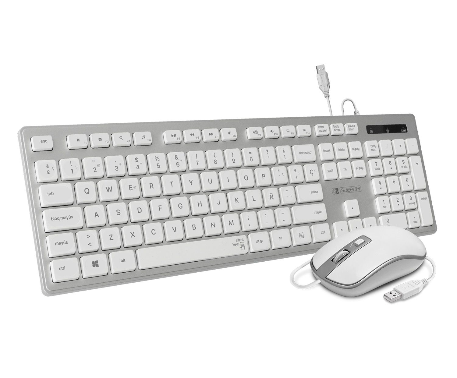 Teclado Ergonómico y ratón con cable USB Plano Silencioso Plata/Blanco Ergo
