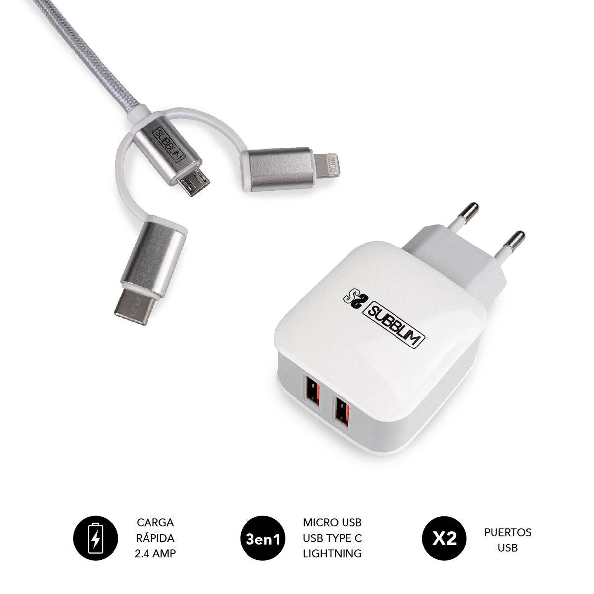 ABS Dual Wall Charger (2.4A) + Cable 3in1 White