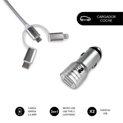 Dual Car Charger (2.4A) + Cable 3in1 White