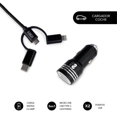 Dual Car Charger (2.4A) + Cable 3in1 Black
